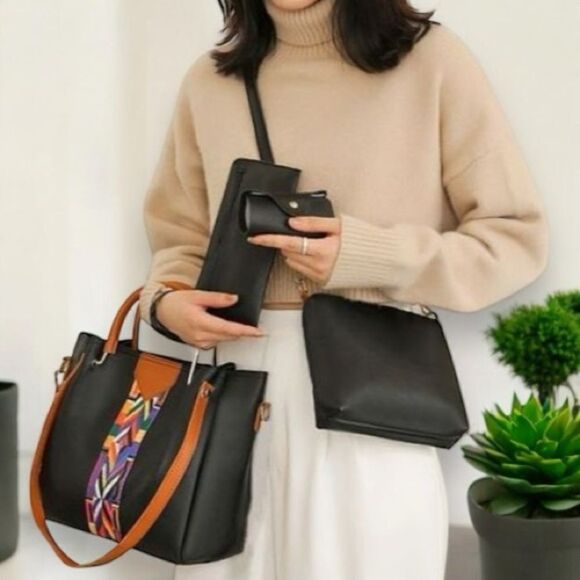 GRACE FASHION Women’s 4 in 1 PU Leather Handbag in Black Multi - Picture 5 of 12